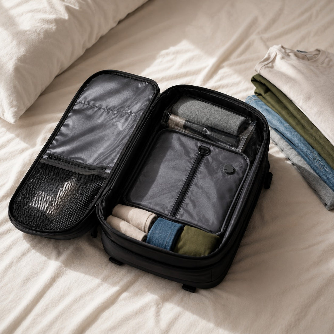 Vacuum compression travel backpack in black, olive green and grey