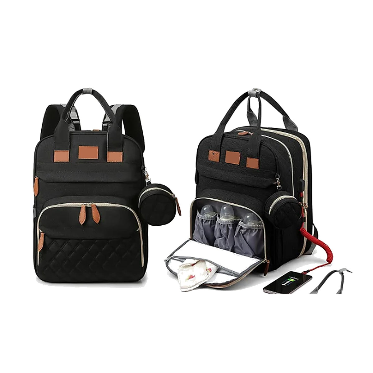 Diaper backpack in Black, closed and open, with pacifier pouch