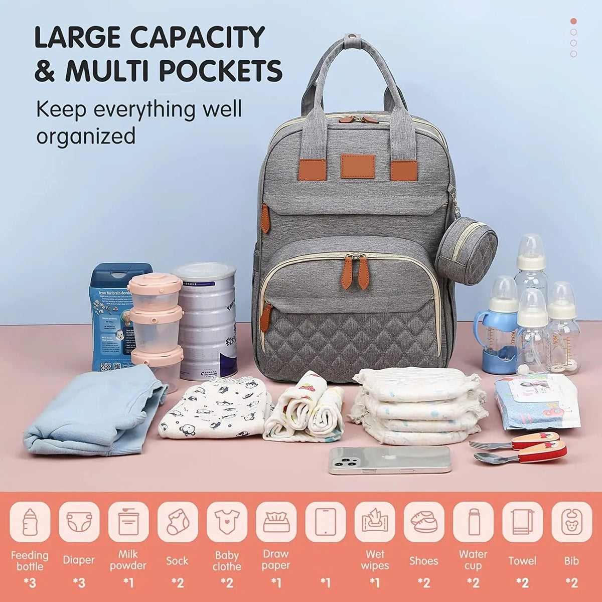 Gray diaper backpack with bottles, wipes, clothes and baby essentials laid out around it