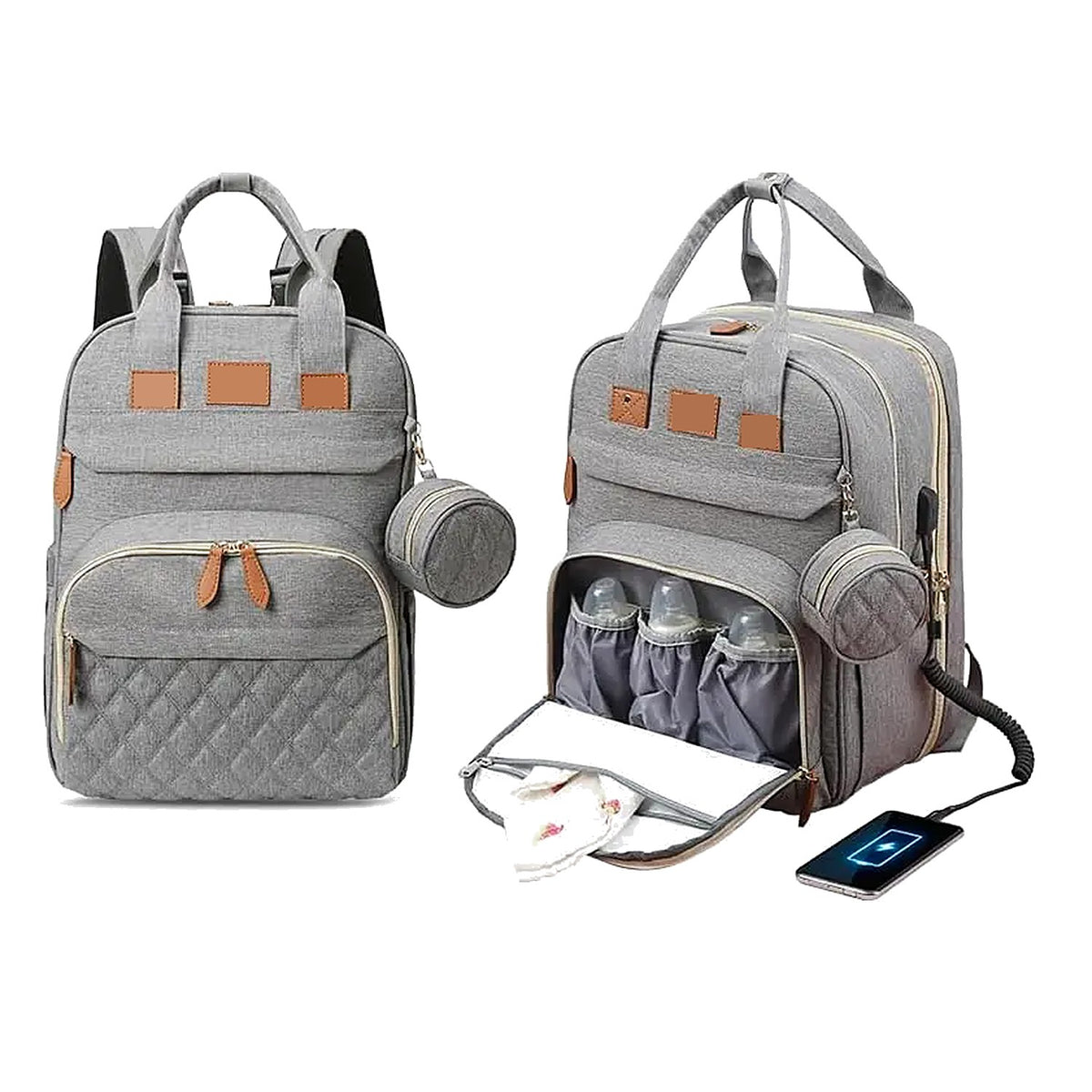 Diaper backpack in Gray, closed and open, with pacifier pouch