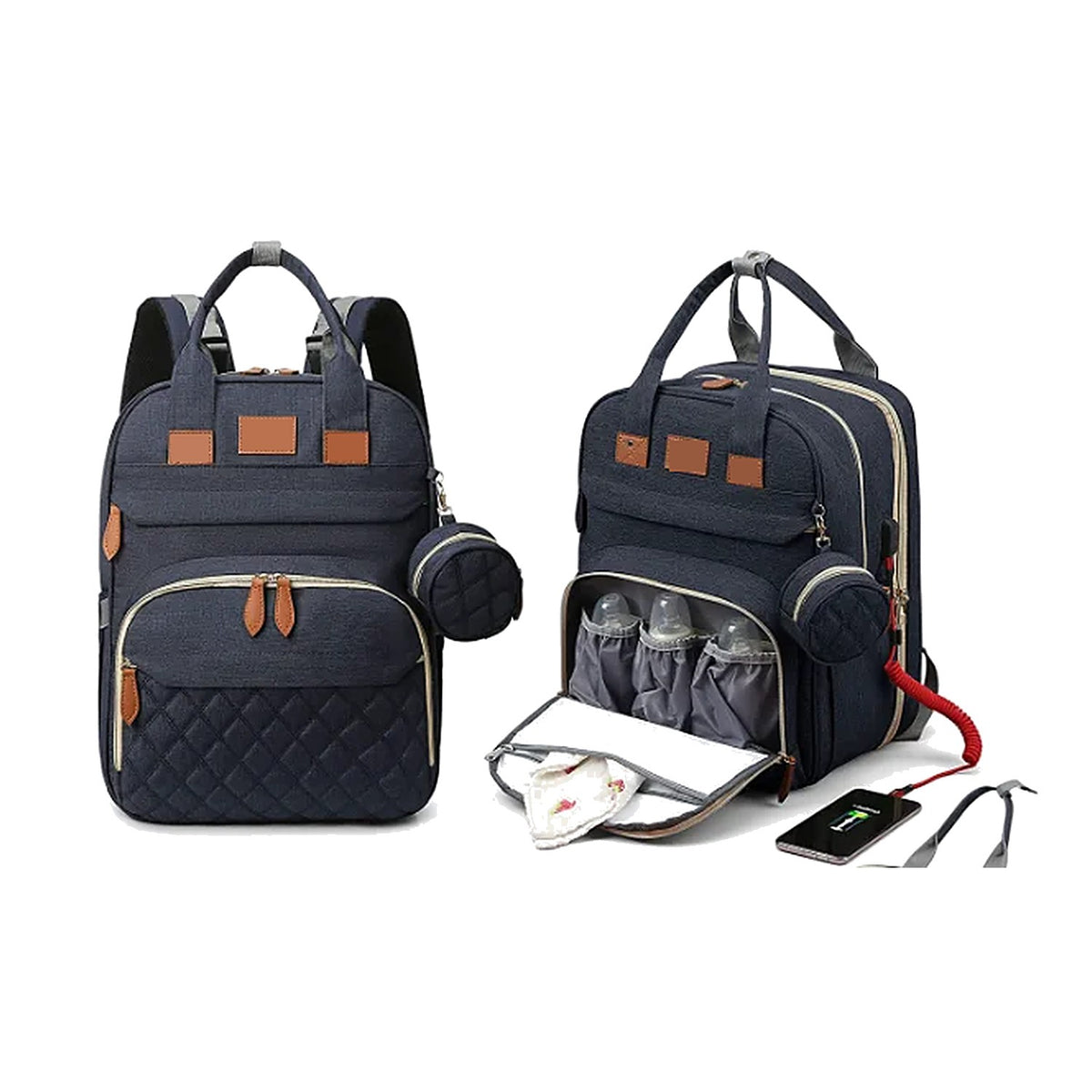 Diaper backpack in Navy, closed and open, with pacifier pouch