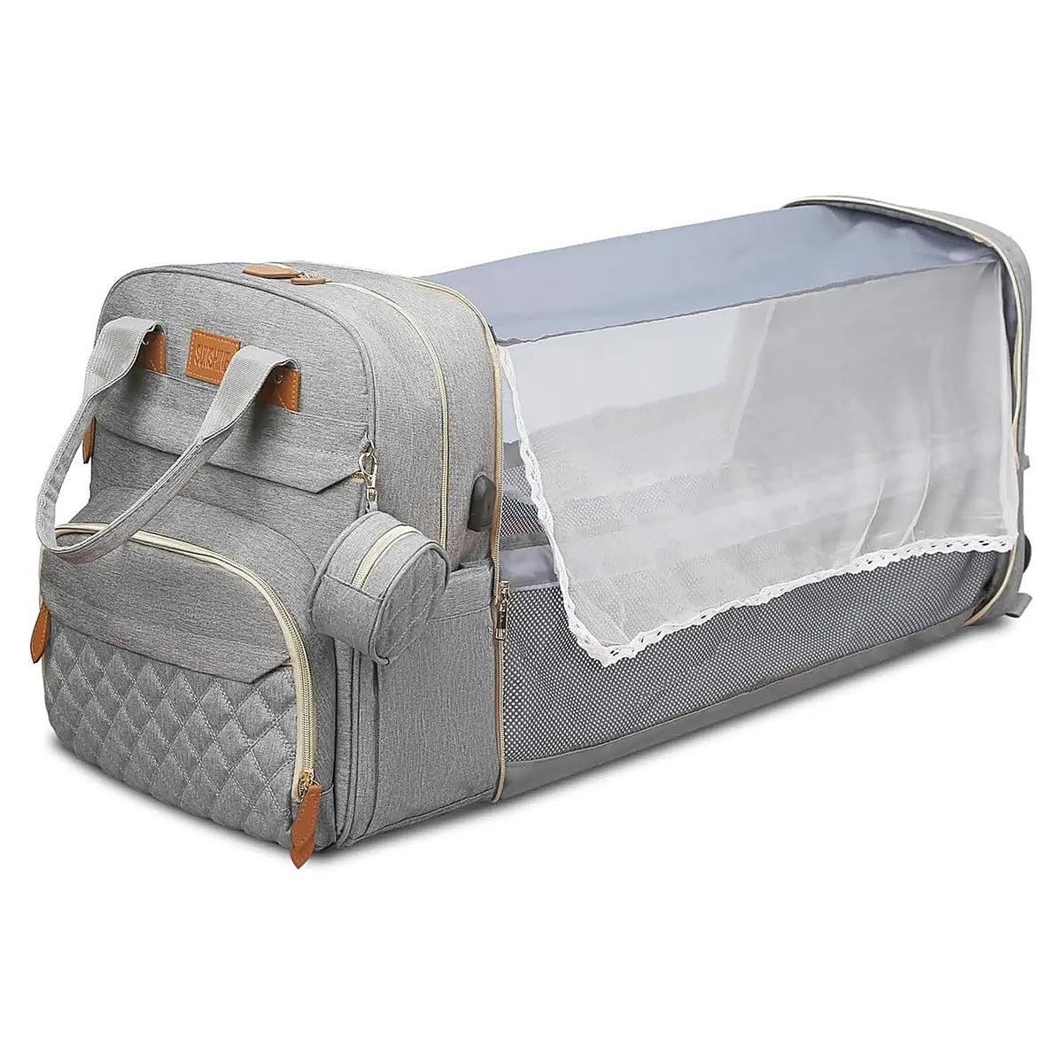 Backpack with the changing station folded out at the side