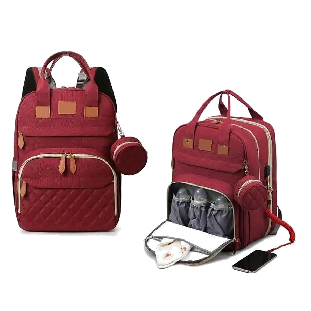 Diaper backpack in Red, closed and open, with pacifier pouch