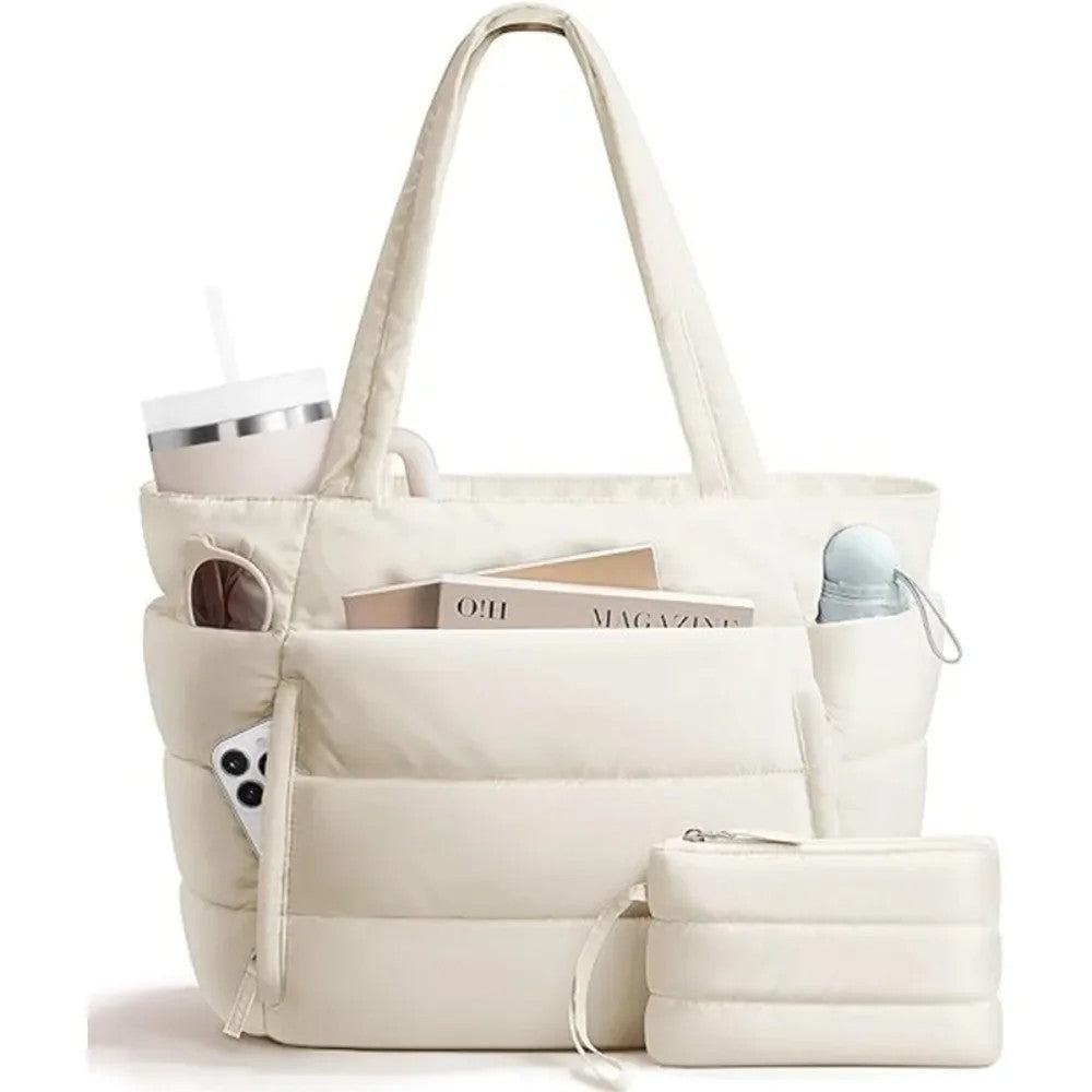 Quilted puffer tote in Cream with matching pouch