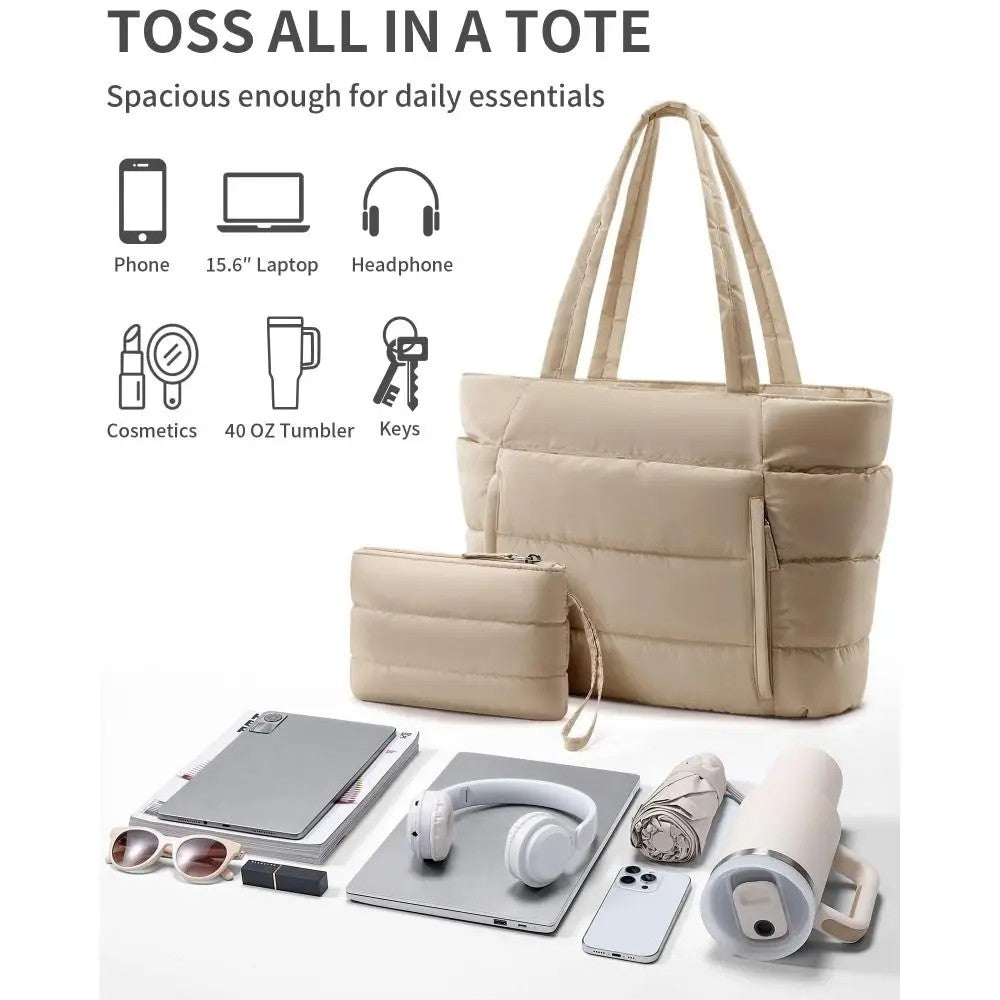 Everything the tote holds: laptop, tumbler, headphones and more